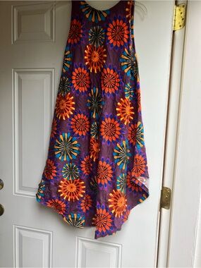 Women's Purple Floral Swing dress - Bold Orange & Teal Pattern